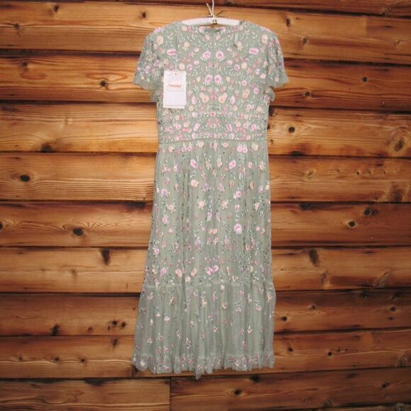 Mac Duggal 35104 Green Multicolor Embroidered V Neck Cap Sleeve Midi Dress - Picture 10 of 14